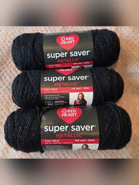 🎄🎁🧶Red Heart Super Saver Metallic Yarn - Black with Silver Sparkle - 3 Skeins